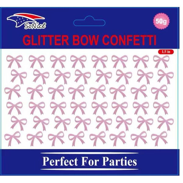 Pink glitter bow confetti, 1.5 inch, 50 gram bag